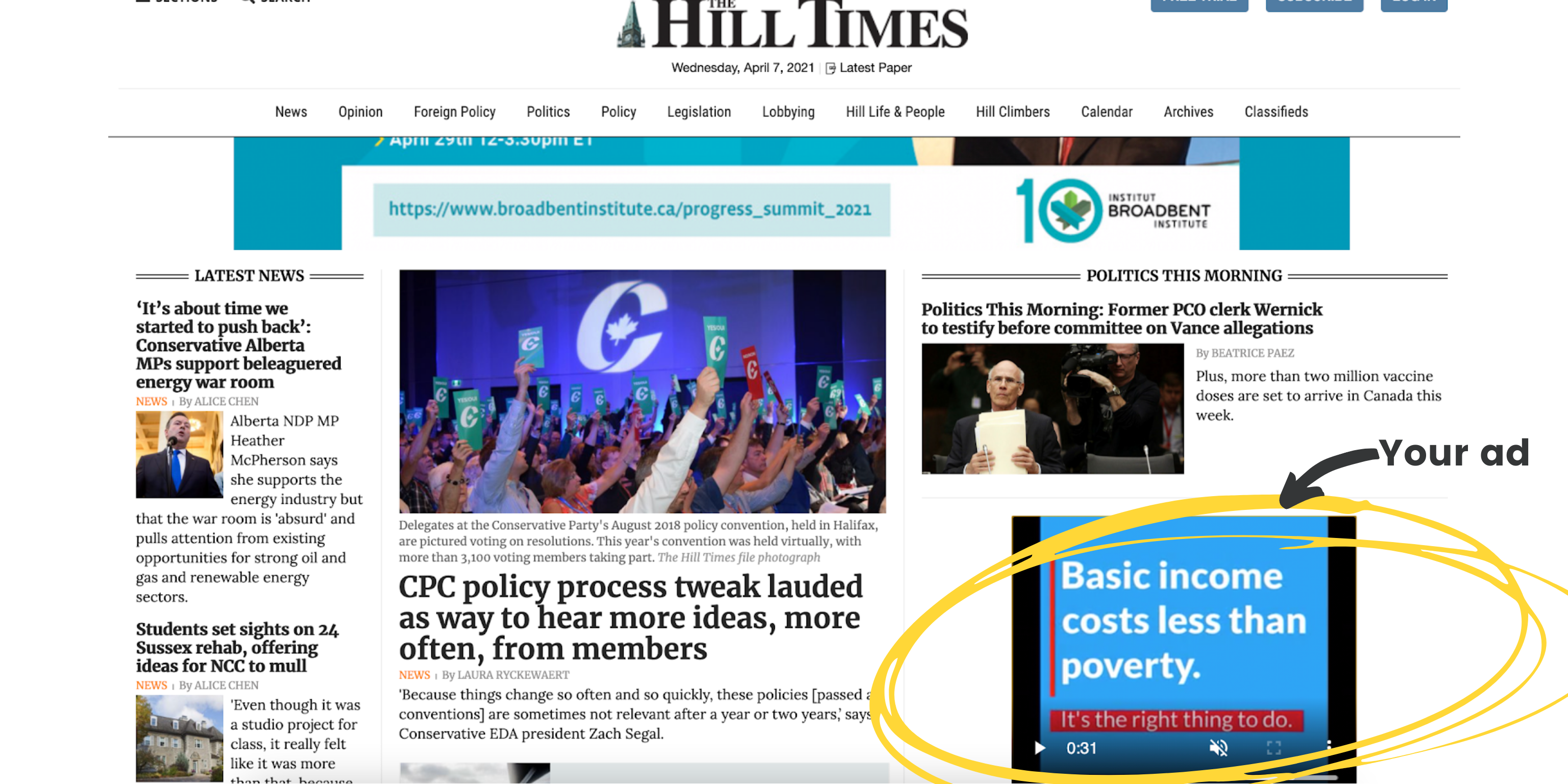 Screenshot of the basic income video ad on the Hill Times website